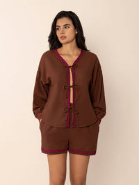 Tied V-Neck Long Sleeve Top and Shorts Set - 1985 the VAULT Boutique