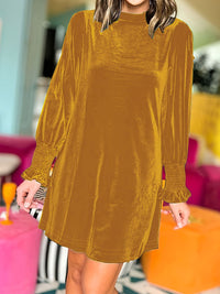 Full Size Mock Neck Smocked Long Sleeve Mini Dress