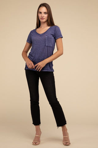 Basic Washed Melange Burnout Scoop V-Neck Top - 1985 the VAULT Boutique