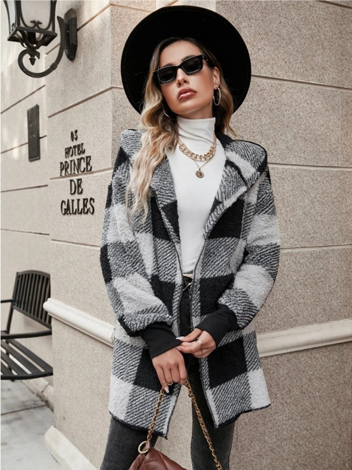 Plaid Long Sleeve Hooded Coat - 1985 the VAULT Boutique