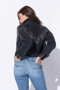 CROP DENIM JACKET WITH RHINESTONE FRINGE - 1985 the VAULT Boutique