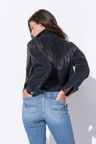 CROP DENIM JACKET WITH RHINESTONE FRINGE - 1985 the VAULT Boutique