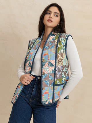 Printed Patchwork Contrast Piping Vest - 1985 the VAULT Boutique