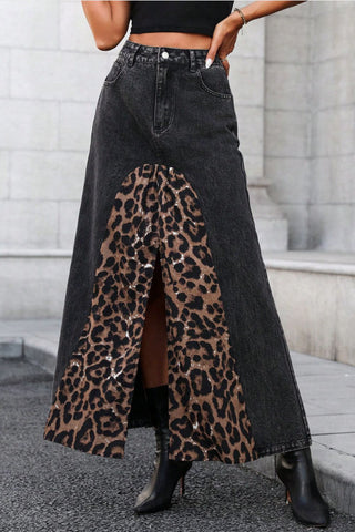 Slit Leopard Midi Denim Skirt - 1985 the VAULT Boutique