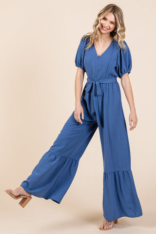 GeeGee Full Size V-Neck Belted Wide Leg Jumpsuit - 1985 the VAULT Boutique