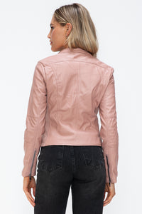 Snobbish Faux Leather Zip Up Drawstring Hooded Jacket