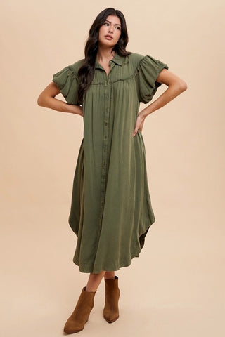 Annie Wear Mineral Washed Button Down Puff Sleeve Shirt Dress - 1985 the VAULT Boutique