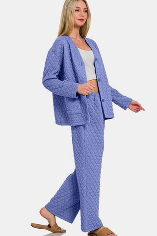 Zenana Quilted Button Up Long Sleeve Top and Pants Lounge Set - 1985 the VAULT Boutique