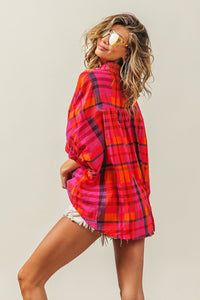 BiBi Button Up Dolman Sleeve Plaid Shirt - Happily Ever Atchison Shop Co.