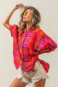 BiBi Button Up Dolman Sleeve Plaid Shirt - Happily Ever Atchison Shop Co.