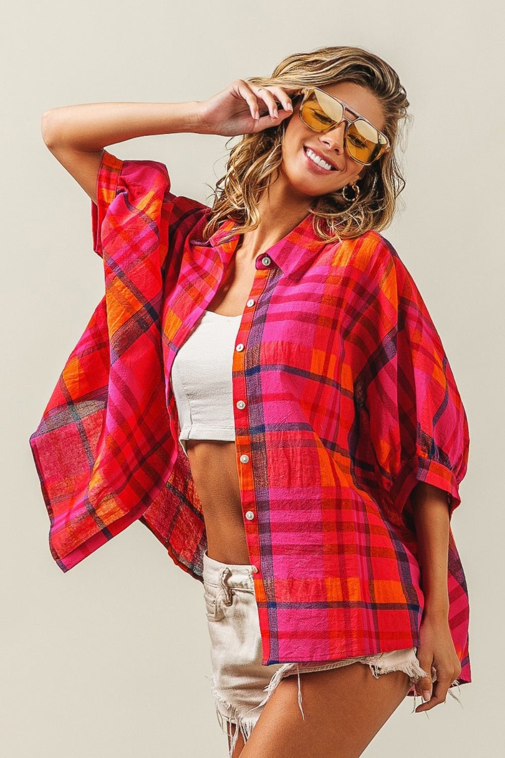 BiBi Button Up Dolman Sleeve Plaid Shirt - Happily Ever Atchison Shop Co.