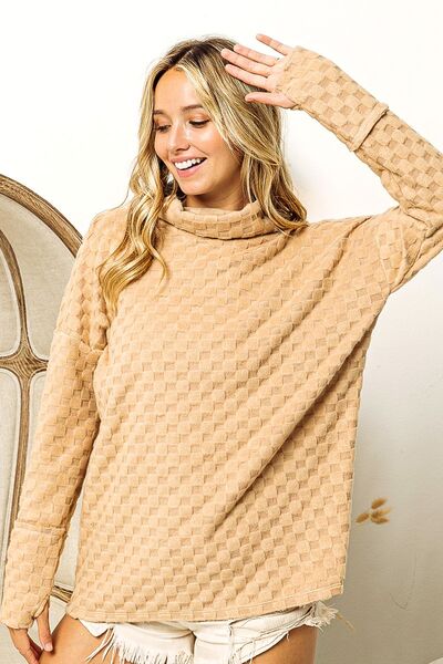 BiBi Checkered Round Neck Thumbhole Long Sleeve Top - Happily Ever Atchison Shop Co.