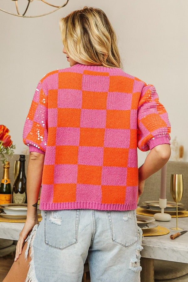 BiBi Checkered Short Sleeve Sequin Sweater - Happily Ever Atchison Shop Co.