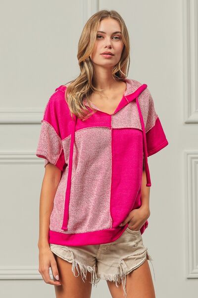 BiBi Color Block Exposed Seam Short Sleeve Hooded Top - Happily Ever Atchison Shop Co.