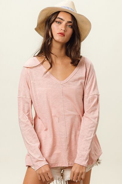 BiBi Exposed Seam V-Neck Long Sleeve T-Shirt - Happily Ever Atchison Shop Co.