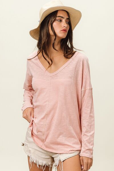 BiBi Exposed Seam V-Neck Long Sleeve T-Shirt - Happily Ever Atchison Shop Co.