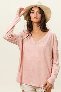 BiBi Exposed Seam V-Neck Long Sleeve T-Shirt - Happily Ever Atchison Shop Co.