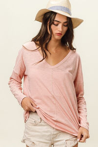 BiBi Exposed Seam V-Neck Long Sleeve T-Shirt - Happily Ever Atchison Shop Co.