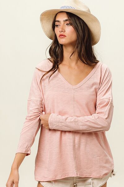 BiBi Exposed Seam V-Neck Long Sleeve T-Shirt - Happily Ever Atchison Shop Co.