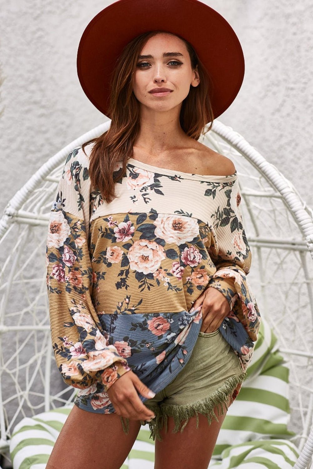 BiBi Floral Jacquard Color Block Top - Happily Ever Atchison Shop Co.