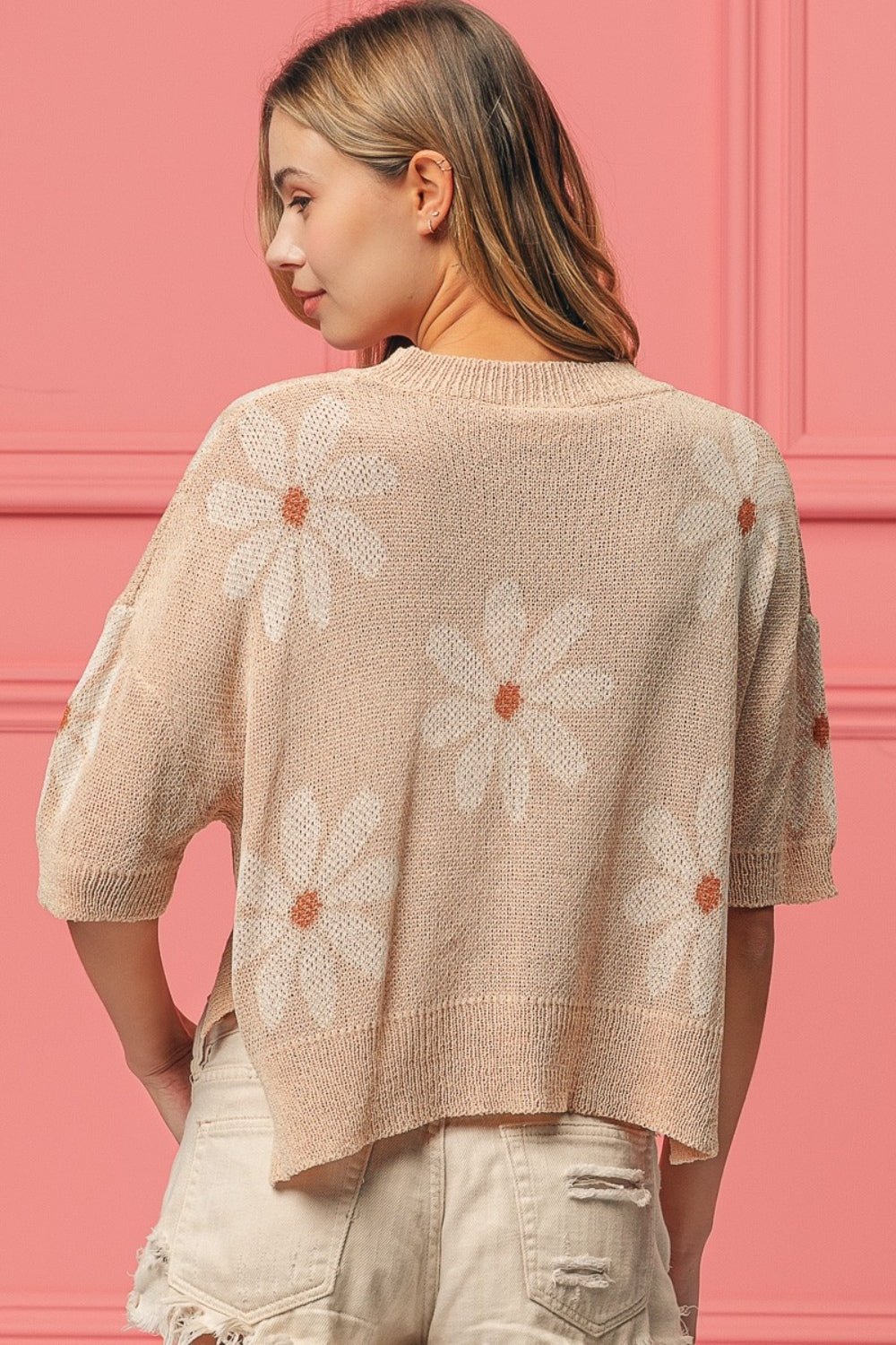 BiBi Floral Pattern Slit Sweater - Happily Ever Atchison Shop Co.