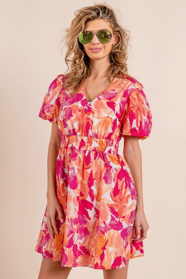 BiBi Floral V-Neck Puff Sleeve Mini Dress - Happily Ever Atchison Shop Co.