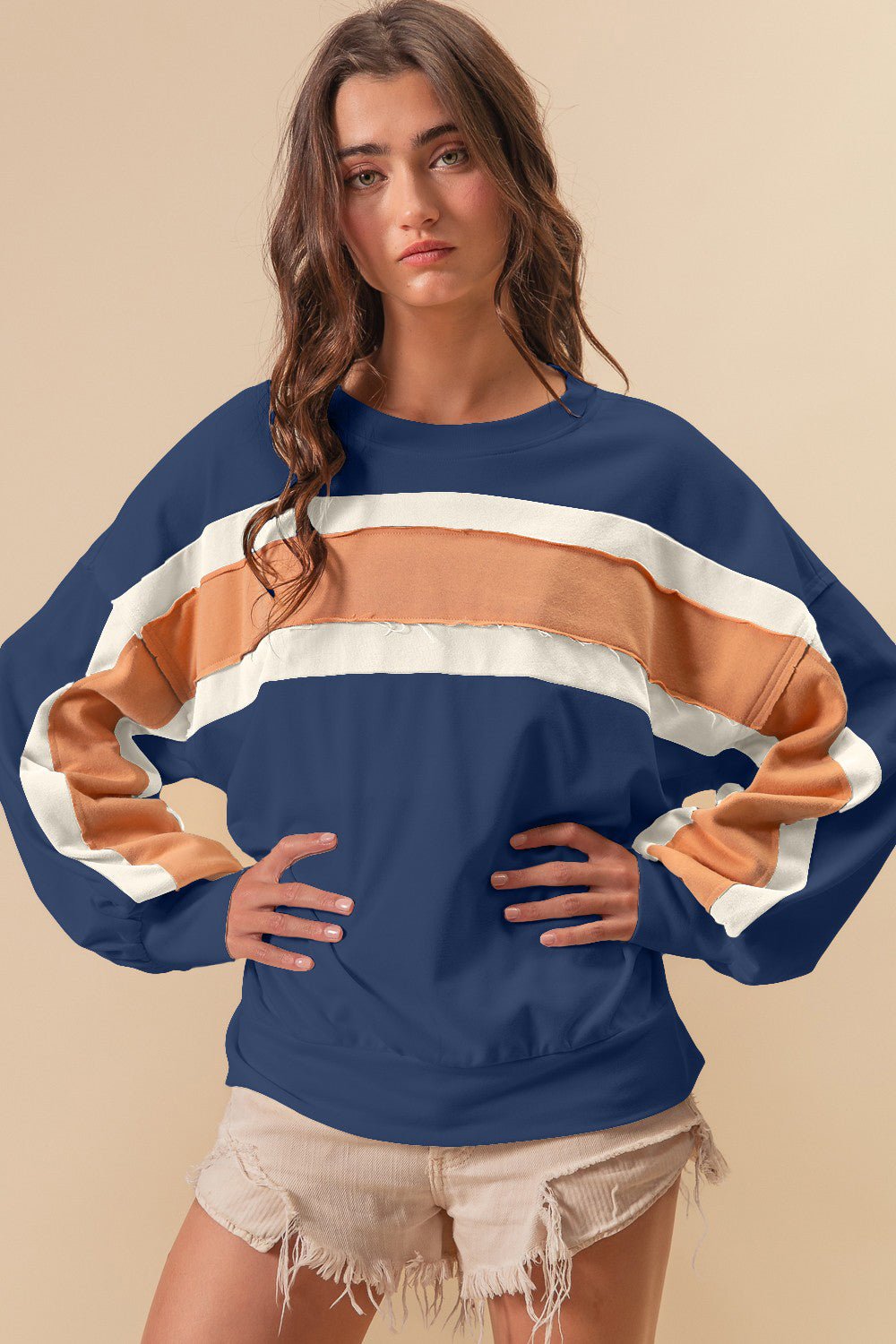 BiBi French Terry Color Block Cut Edge Detail Sweatshirt - Happily Ever Atchison Shop Co.