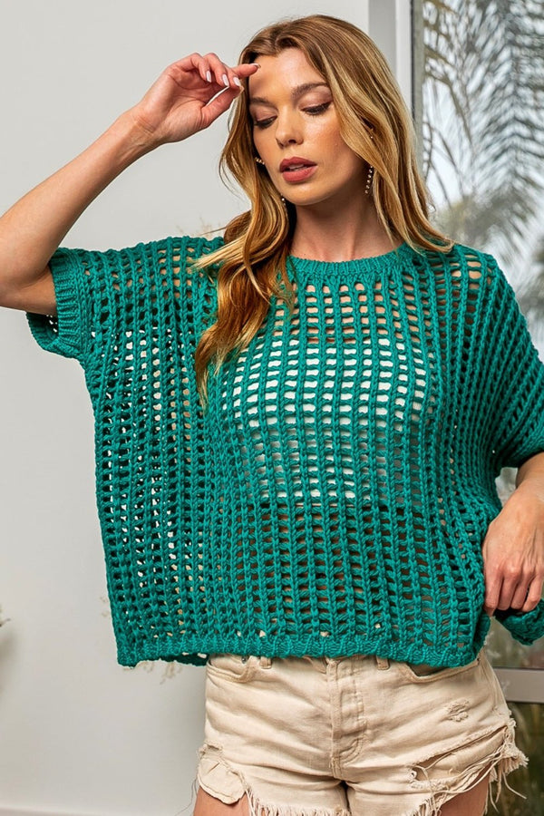 BiBi Hollowed Out Short Sleeve Knit Cover Up - Happily Ever Atchison Shop Co.