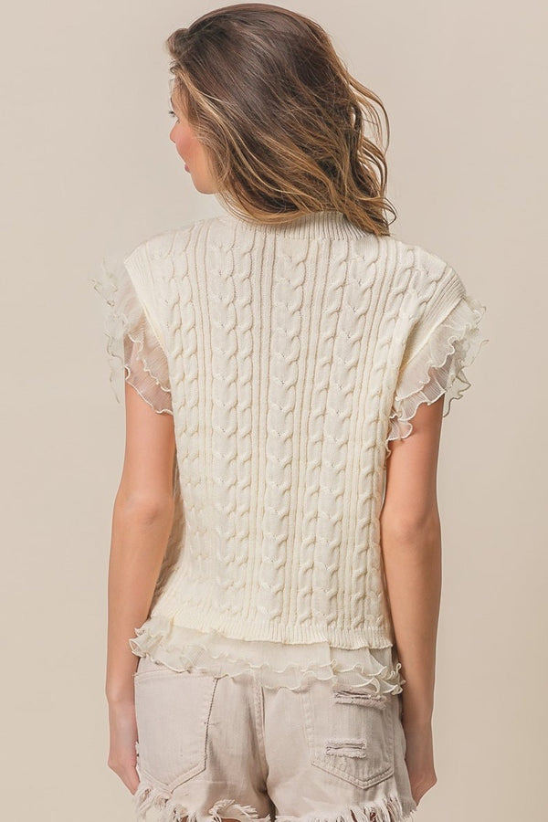 BiBi Layered Pleat Chiffon Edge Cable Knit Top - Happily Ever Atchison Shop Co.