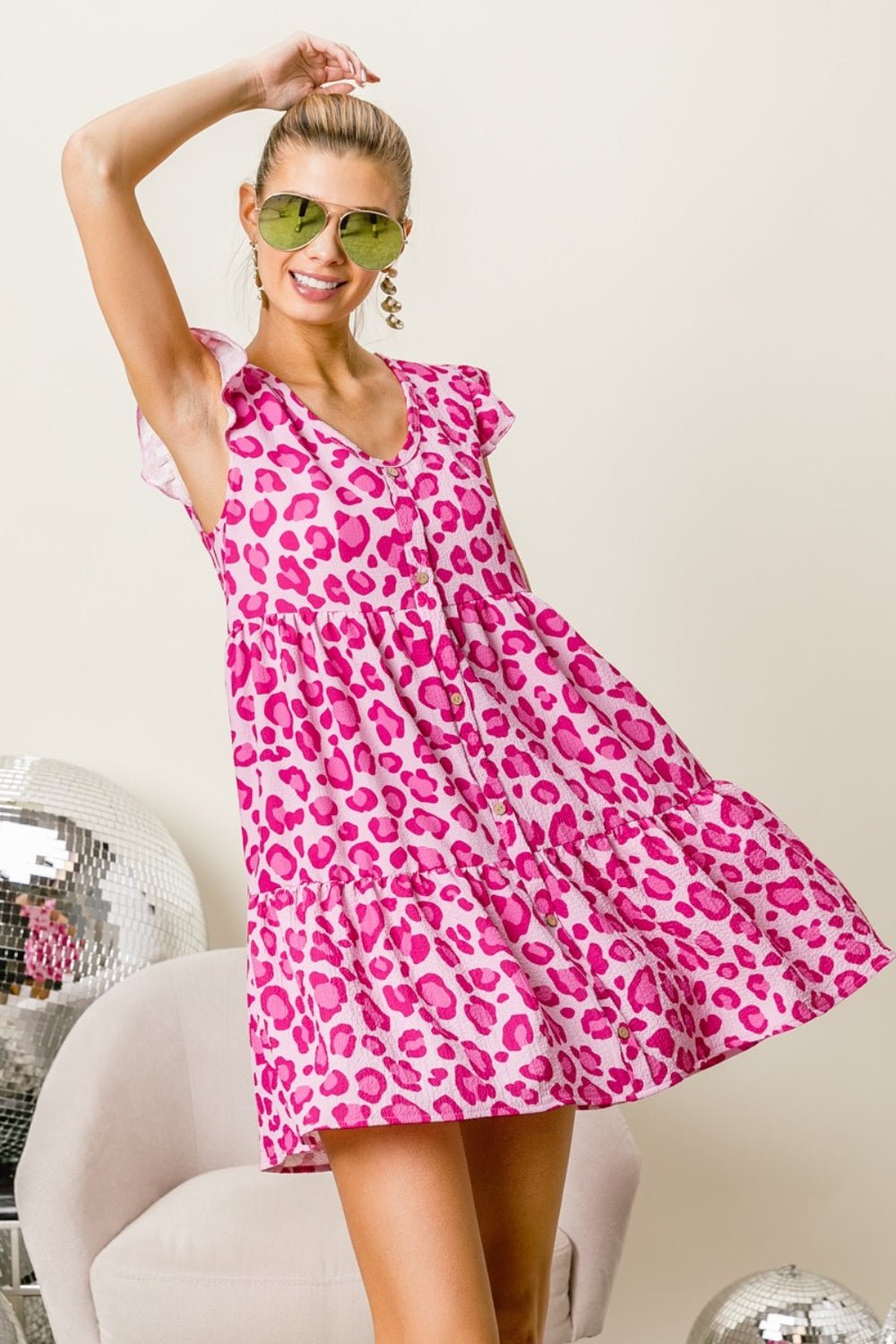 BiBi Leopard Cap Sleeve Tiered Mini Dress - Happily Ever Atchison Shop Co.