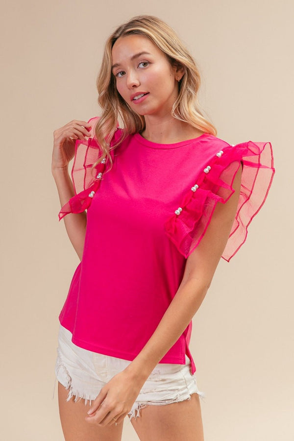 BiBi Pearl Decor Mesh Ruffle Sleeve Top - Happily Ever Atchison Shop Co.