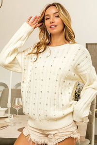 BiBi Pearl & Rhinestone Decor Long Sleeve Sweater - Happily Ever Atchison Shop Co.