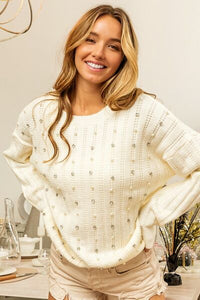 BiBi Pearl & Rhinestone Decor Long Sleeve Sweater - Happily Ever Atchison Shop Co.