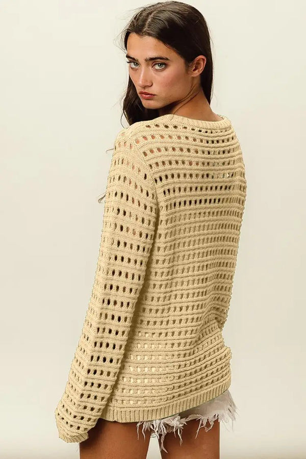 BiBi Round Neck Openwork Knit Cover Up - Happily Ever Atchison Shop Co.