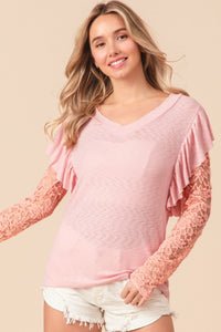 BiBi Ruffled Lace Sleeve Rib Knit Top - Happily Ever Atchison Shop Co.