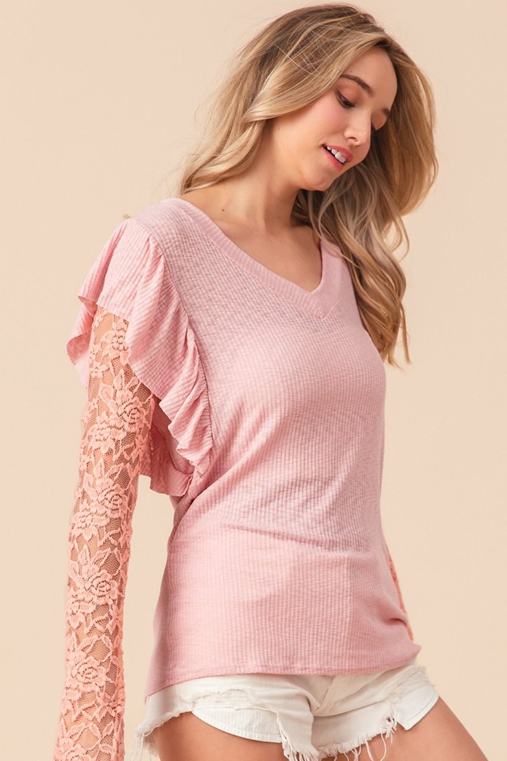 BiBi Ruffled Lace Sleeve Rib Knit Top - Happily Ever Atchison Shop Co.