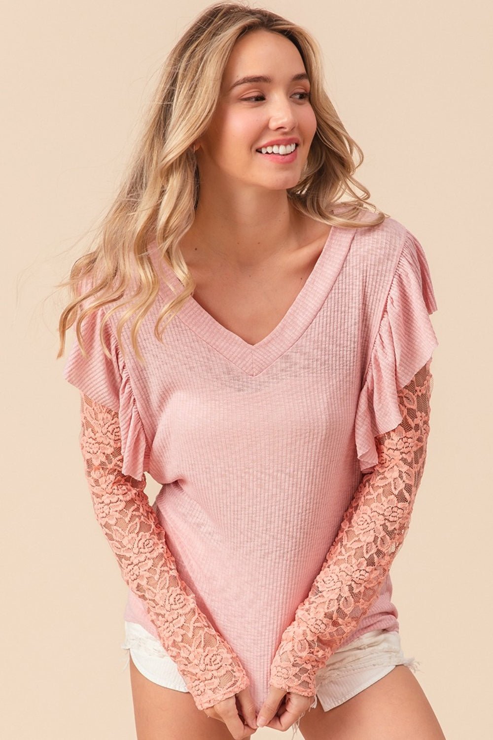 BiBi Ruffled Lace Sleeve Rib Knit Top - Happily Ever Atchison Shop Co.