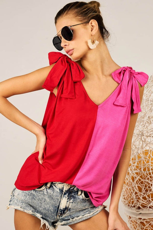 BiBi Shoulder Ribbon Tied Contrast Tank - Happily Ever Atchison Shop Co.