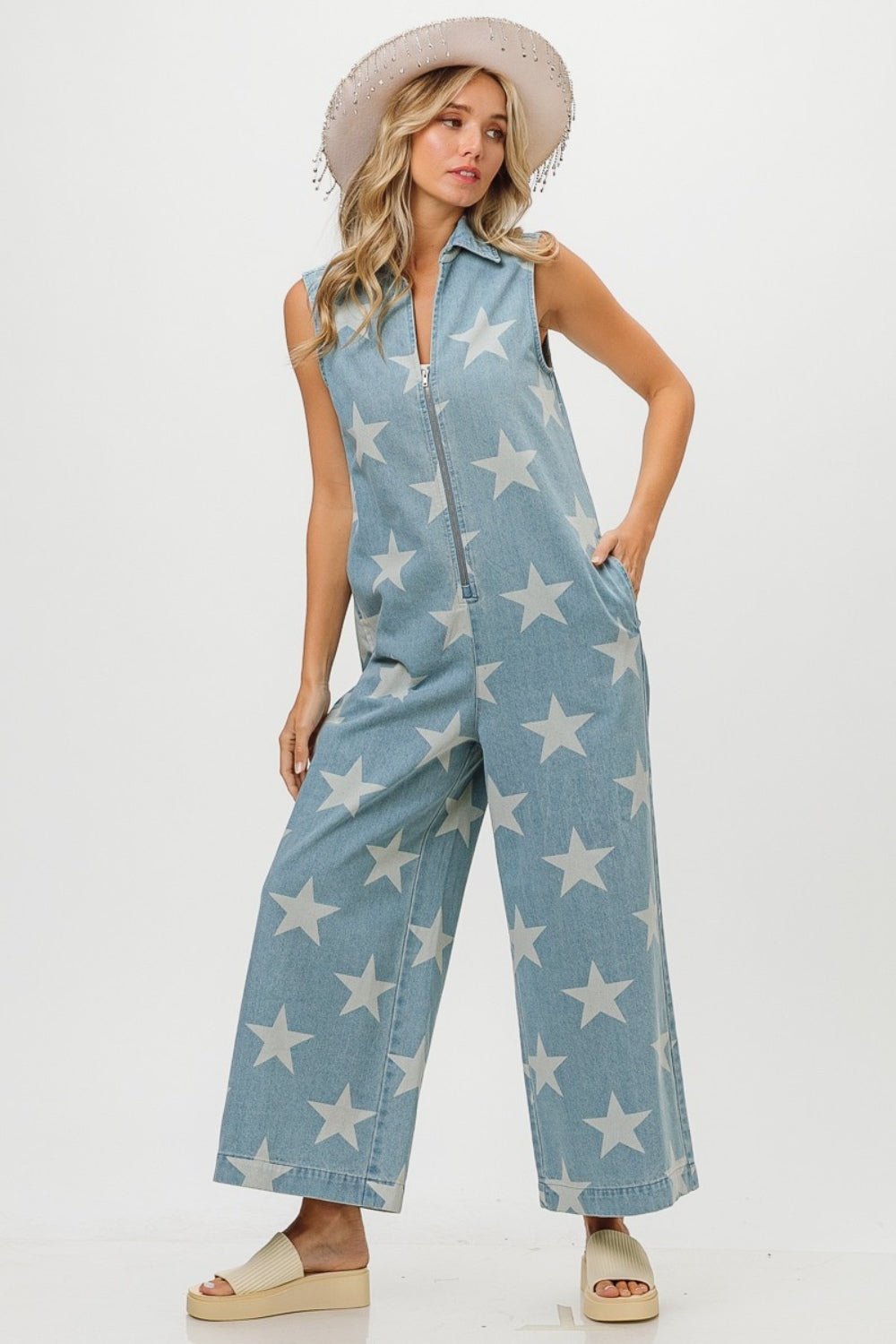 BiBi Star Print Half Zip Sleeveless Denim Jumpsuit - Happily Ever Atchison Shop Co.