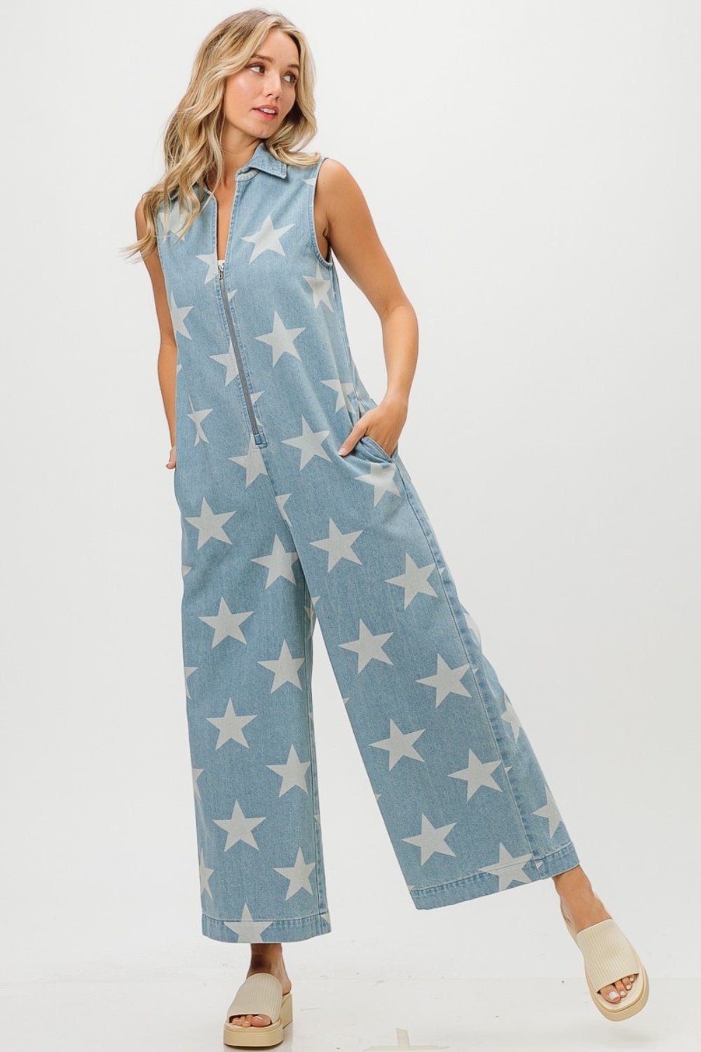 BiBi Star Print Half Zip Sleeveless Denim Jumpsuit - Happily Ever Atchison Shop Co.