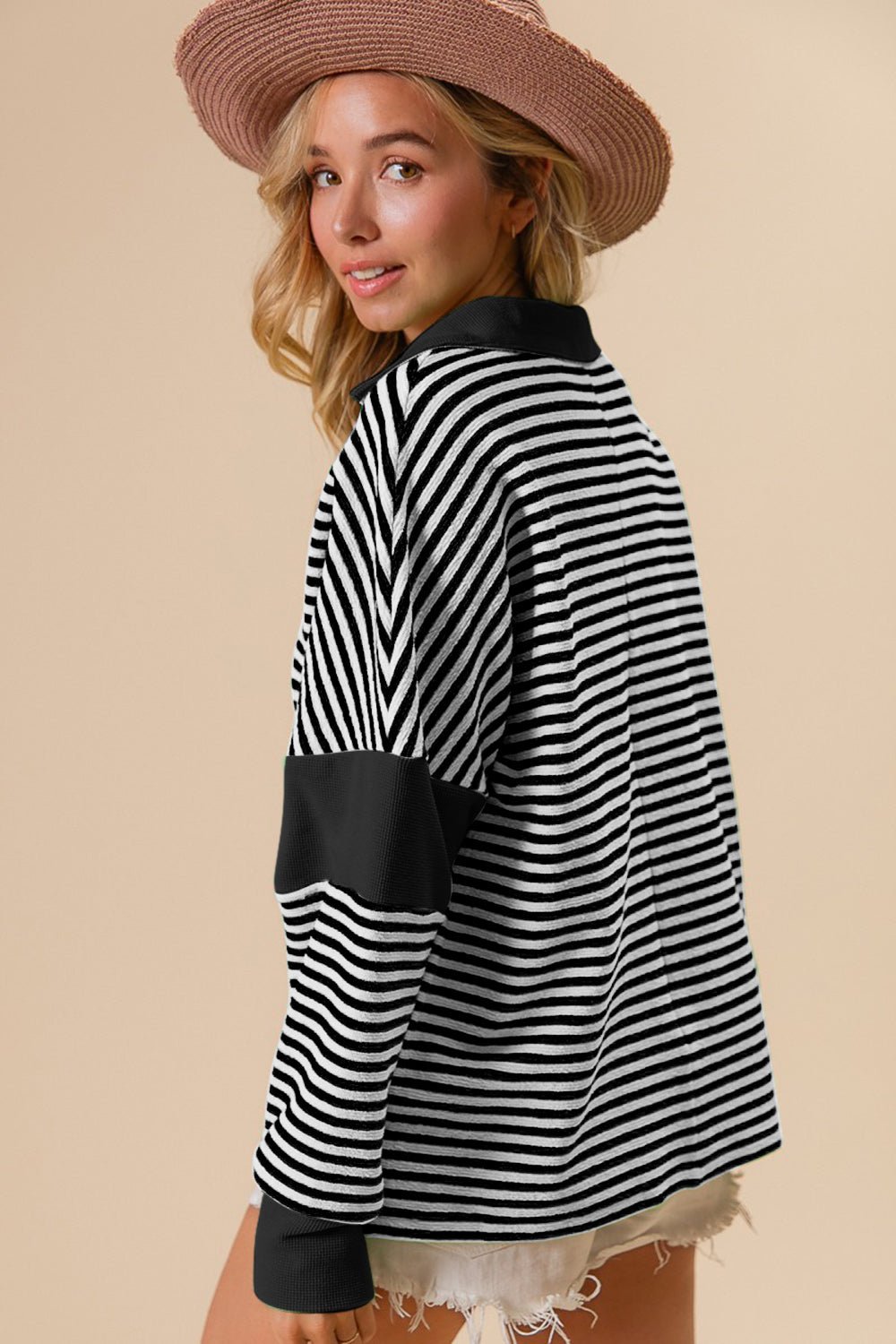 BiBi Striped Contrast Long Sleeve Knit Top - Happily Ever Atchison Shop Co.