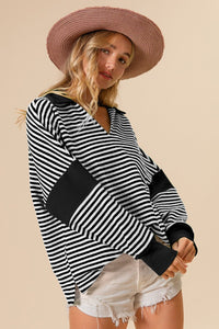 BiBi Striped Contrast Long Sleeve Knit Top - Happily Ever Atchison Shop Co.