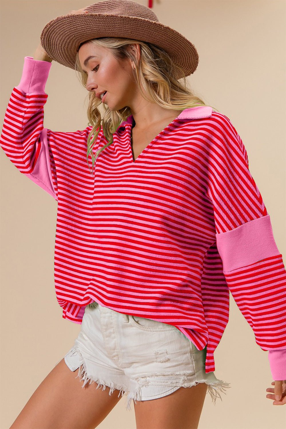 BiBi Striped Contrast Long Sleeve Knit Top - Happily Ever Atchison Shop Co.