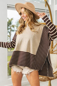 BiBi Striped Contrast Long Sleeve Slit Top - Happily Ever Atchison Shop Co.