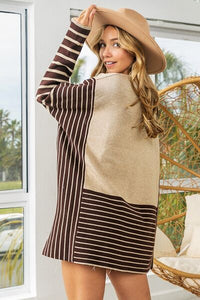 BiBi Striped Contrast Long Sleeve Slit Top - Happily Ever Atchison Shop Co.