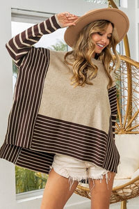 BiBi Striped Contrast Long Sleeve Slit Top - Happily Ever Atchison Shop Co.