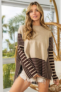 BiBi Striped Contrast Long Sleeve Slit Top - Happily Ever Atchison Shop Co.