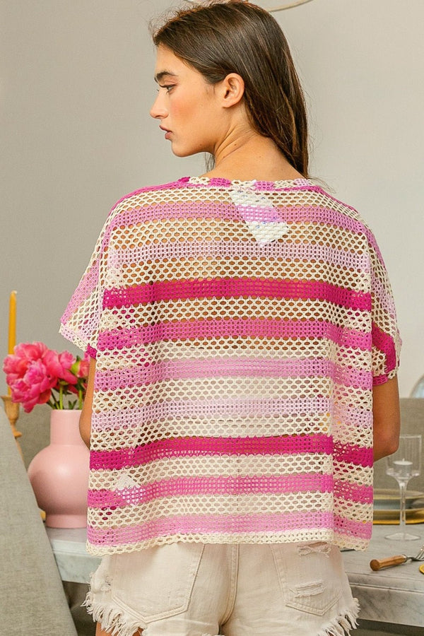 BiBi Striped Openwork Short Sleeve Knit Cover Up - Happily Ever Atchison Shop Co.