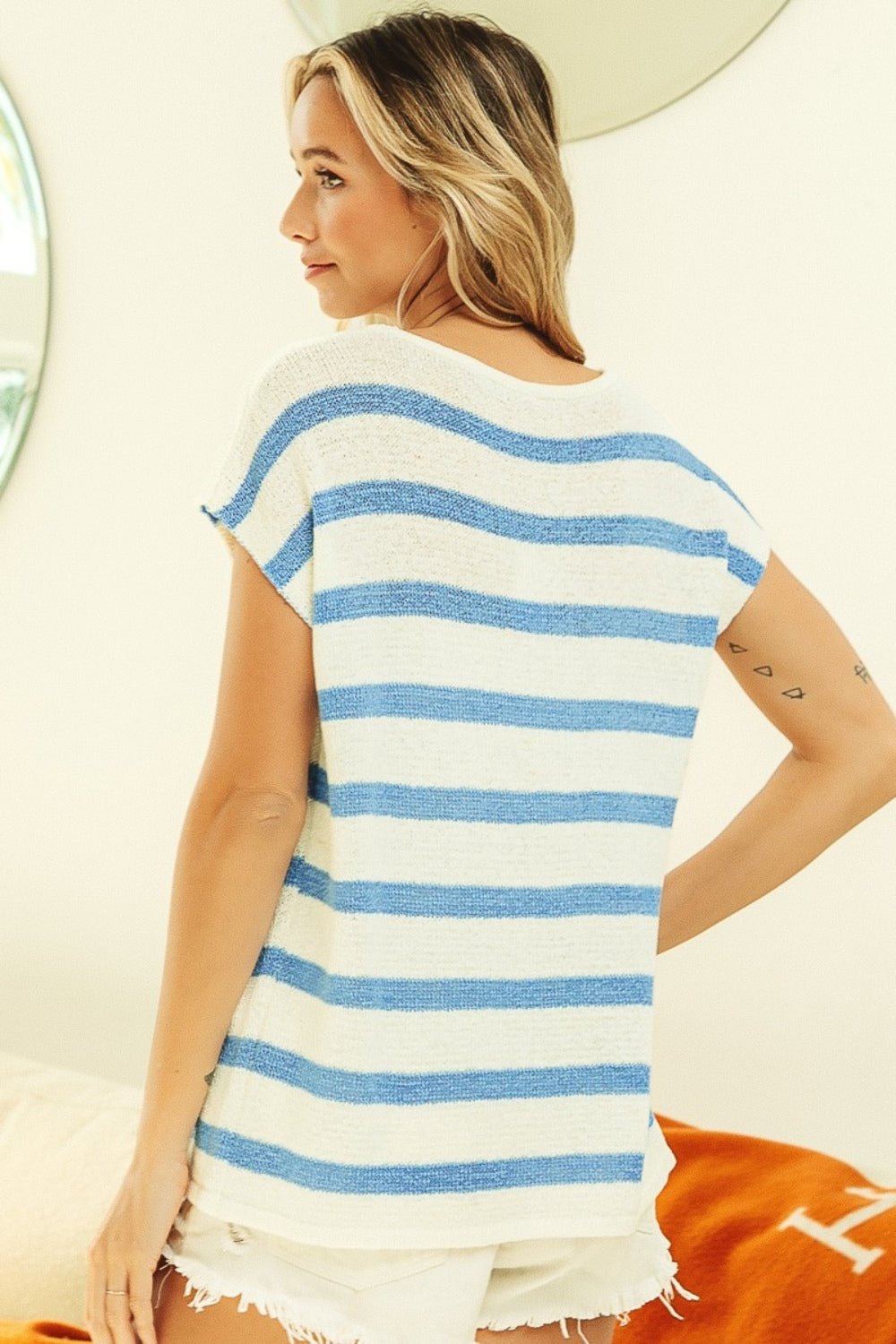 BiBi Striped Round Neck Short Sleeve Knit Top - Happily Ever Atchison Shop Co.