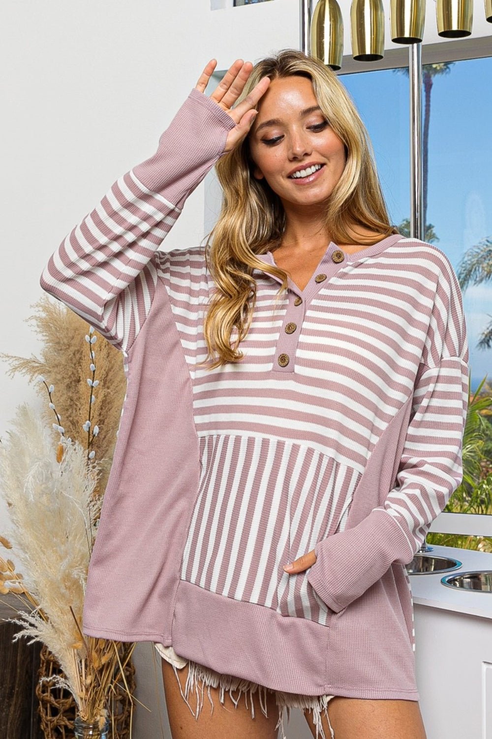 BiBi Striped Thumbhole Long Sleeve Top - Happily Ever Atchison Shop Co.